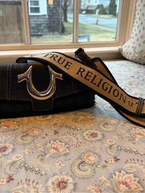 True Religion Dark Denim Shoulder Bag with Tan & Black Branded Strap